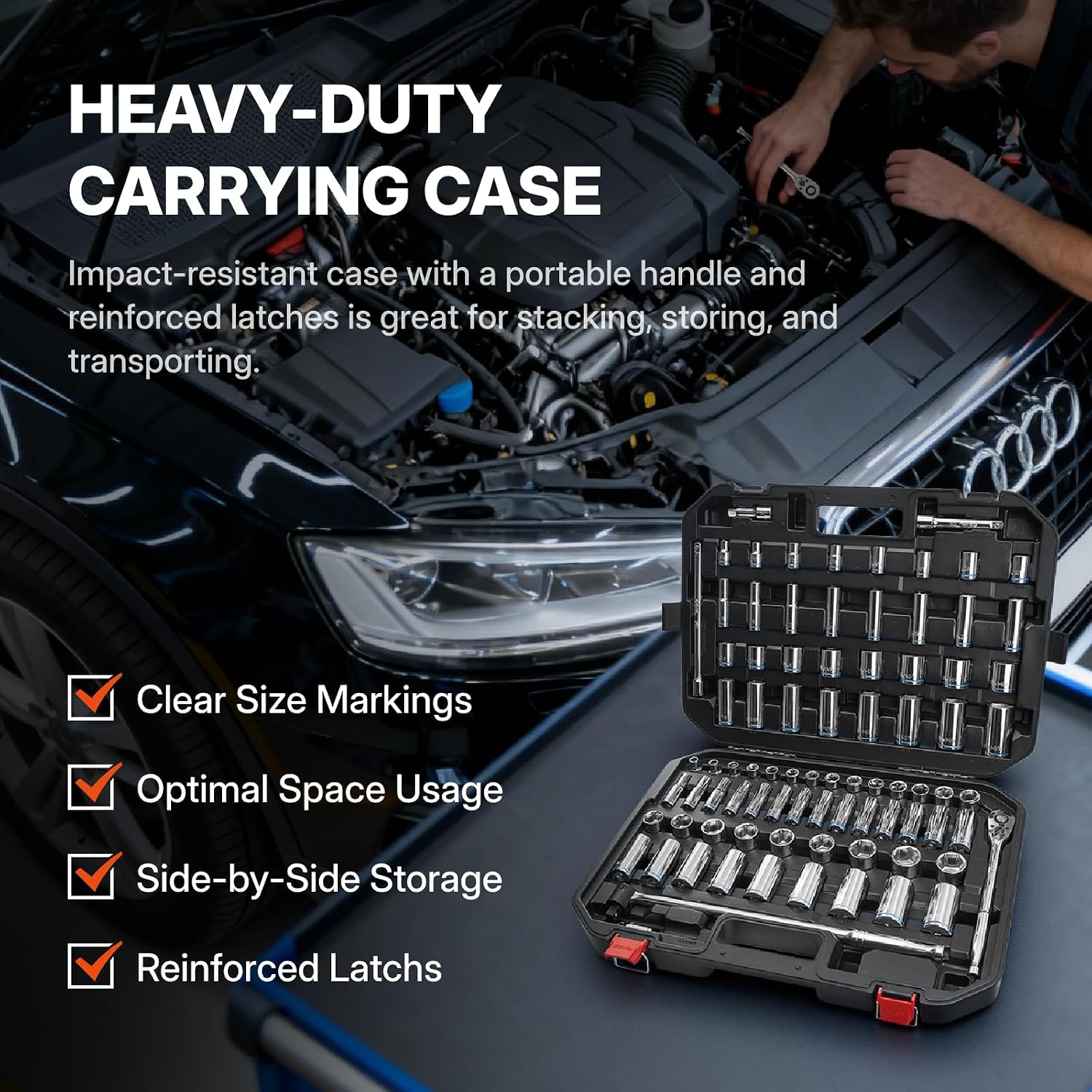 BLACK CANYON 84 Piece 1/2' Drive Impact Socket Set, Metric (3/8 to 1-5/16 inch) & Metric(10 to 32mm), Standard Deep Socket Set with 90 Tooth Ratchet, Extension Breaker Bar, Heavy-Duty Case