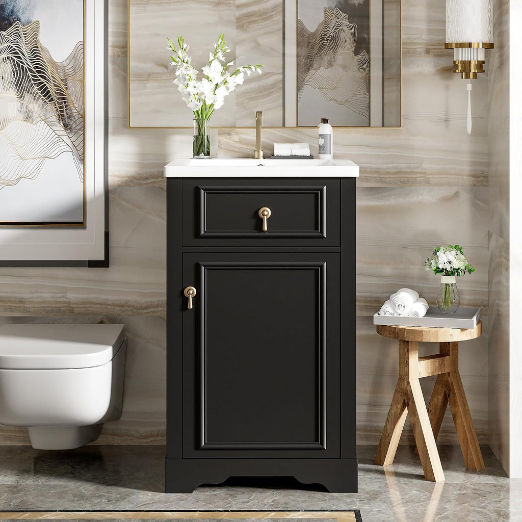 20' Bathroom Vanity with Sink, Harper & Bright Designs Free Standing Single Basin Vanity Set with Soft Close Door & Adjustable Shelf, Solid Wood Bathroom Cabinet with Ceramic Basin for Bathroom, Black