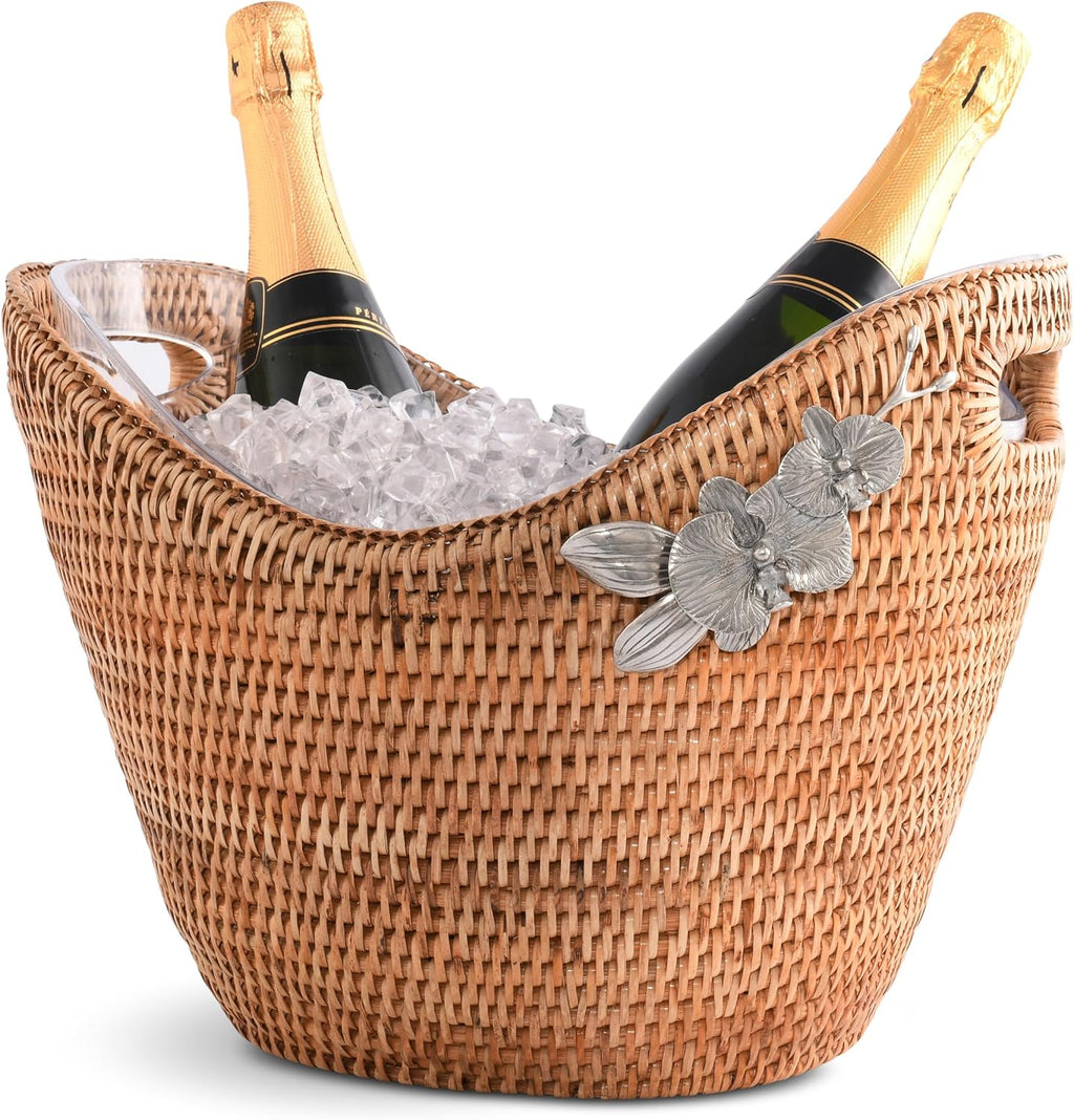 Vagabond House Rattan Wicker Champagne Bucket - Luxury Boho Outdoor Cooler, Ice Holder for Party with Orchid Pewter Accent - Holds Packs of Beer, Wine, Soda Removable Acrylic Lining, Cutout Handles
