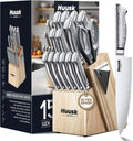 Huusk Kitchen Knife Set with Block & Built-in Sharpener - 15pcs Japanese Stainless Steel Knife Block Set - Sharp Professional Chef Sets for Kitchen - Home-warming Gift for Men