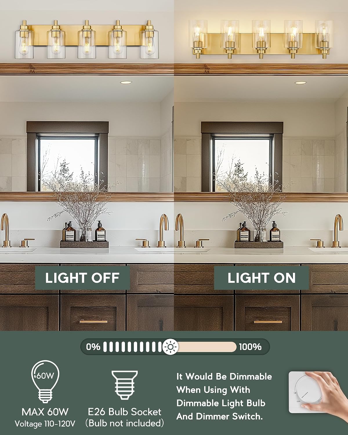 5-Light Bathroom Light Fixtures, 30 Inch Brushed Gold Vanity Light with Cylinder Clear Glass Shade, Modern Vanity Lighting Fixtures Over Mirror, VL143-BG-5
