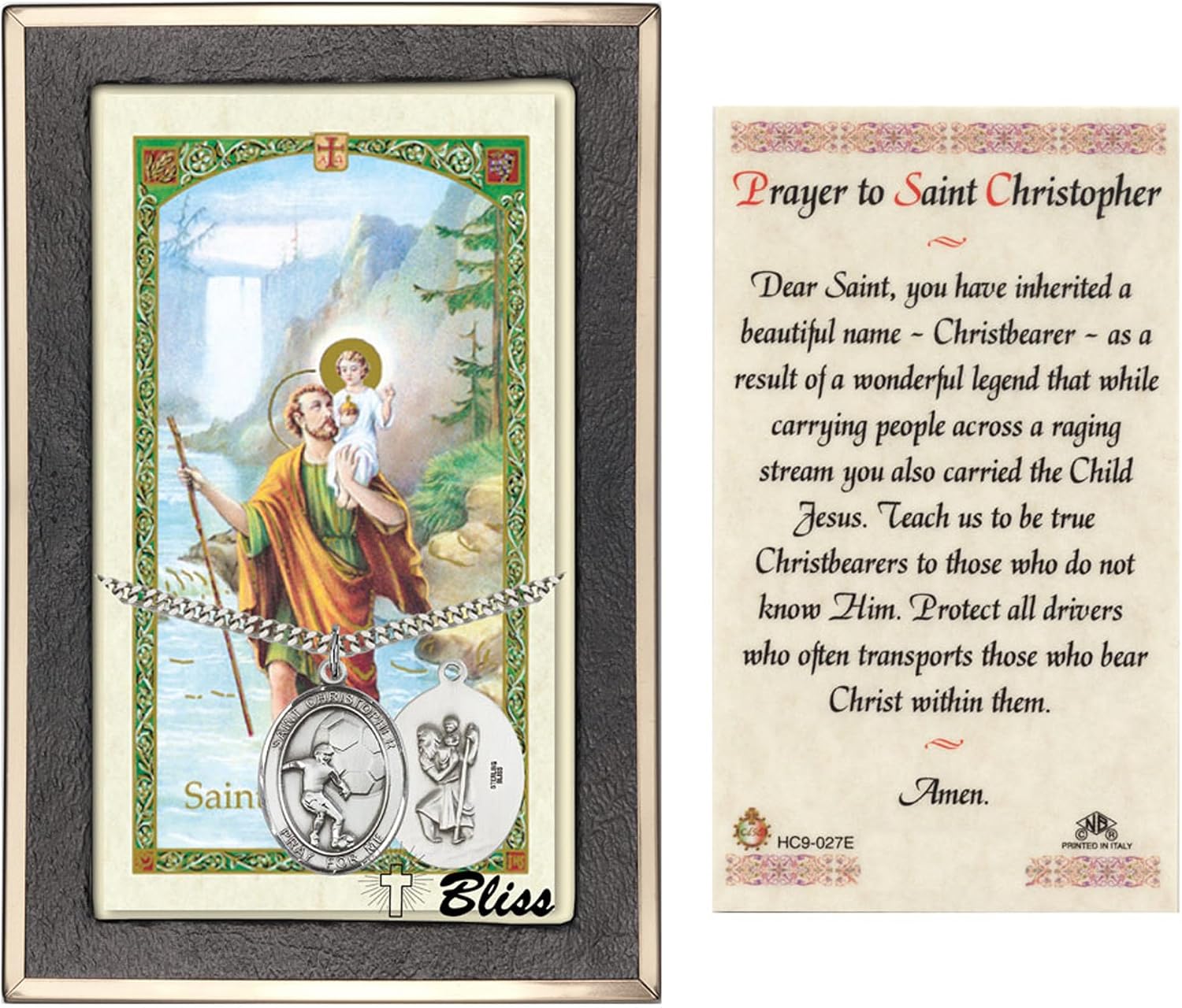 Sterling Silver Saint Christopher/Soccer Medal on a 24 inch Heavy Curb Chain with a Prayer to St Cristopher Prayer Card.