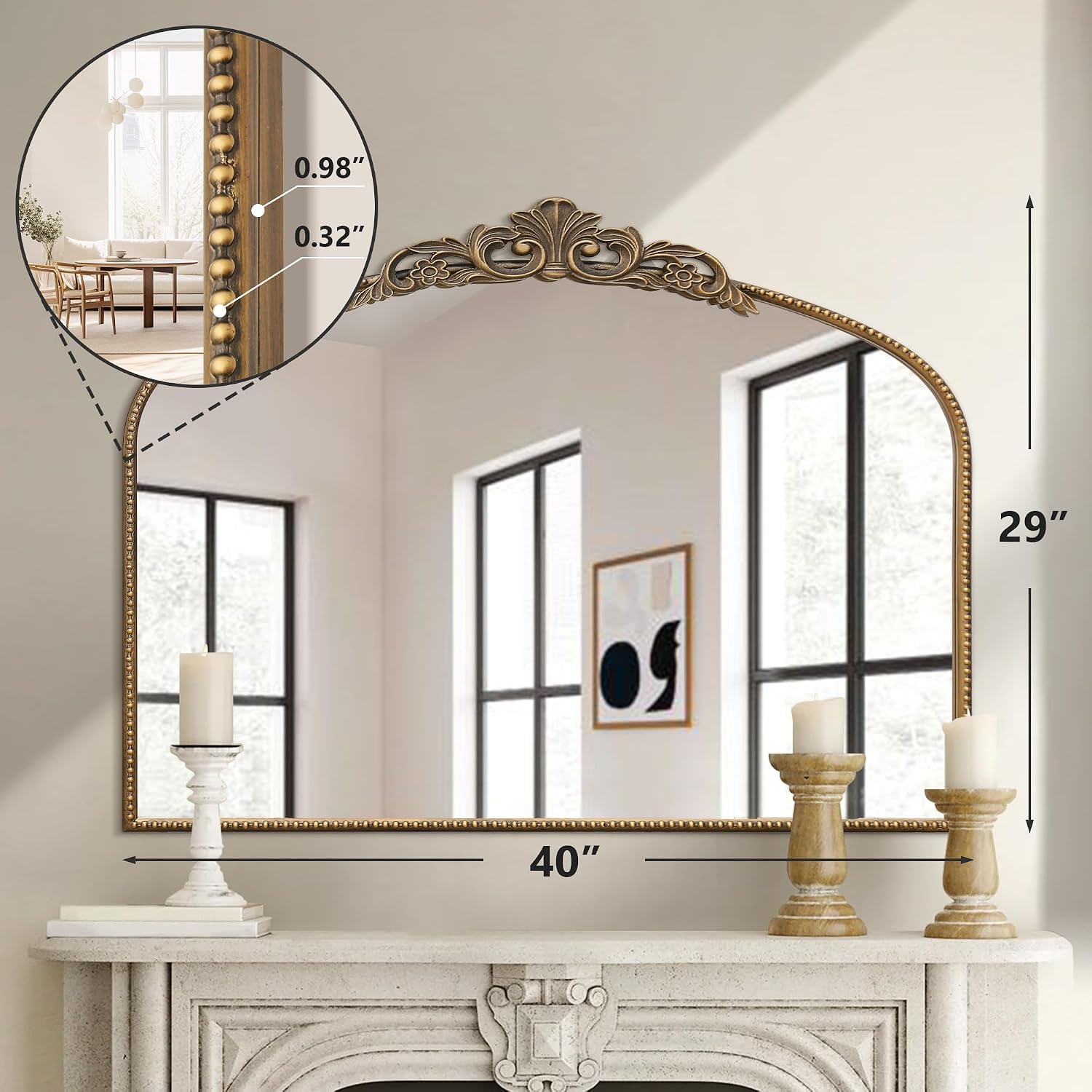 Micasso Large Vintage Gold Mirror: 40'x29' French Baroque Antique Arched Mirror - Traditional Ornate Decorative for Wall/Fireplace/Mantel/Entryway/Bathroom/Hallway - Home Decor for Living Room