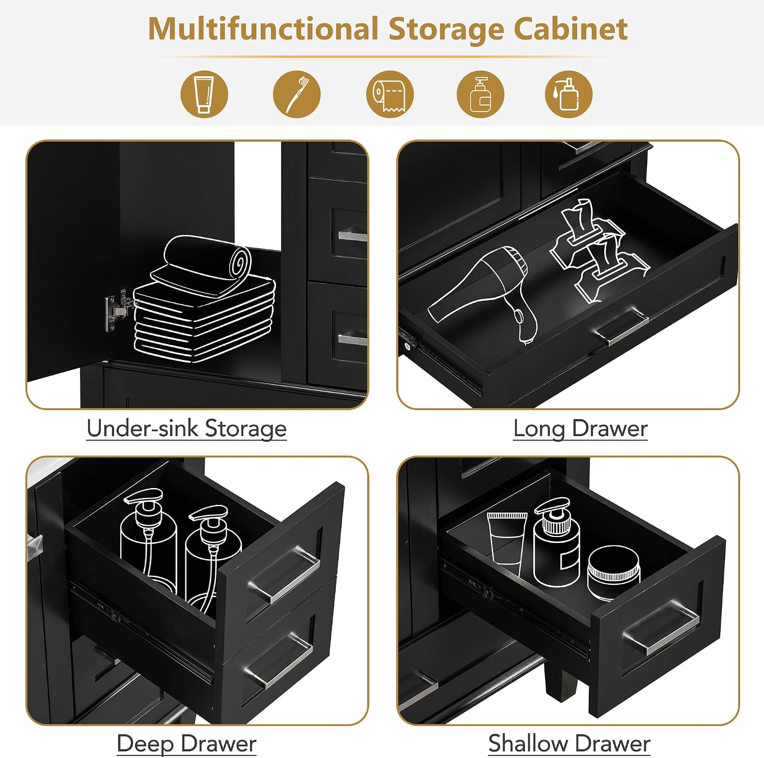 30' Black Bathroom Vanity with Sink Combo Set, Modern Storage Cabinet with a Soft Closing Door and 3 Drawers, Solid Wood Frame