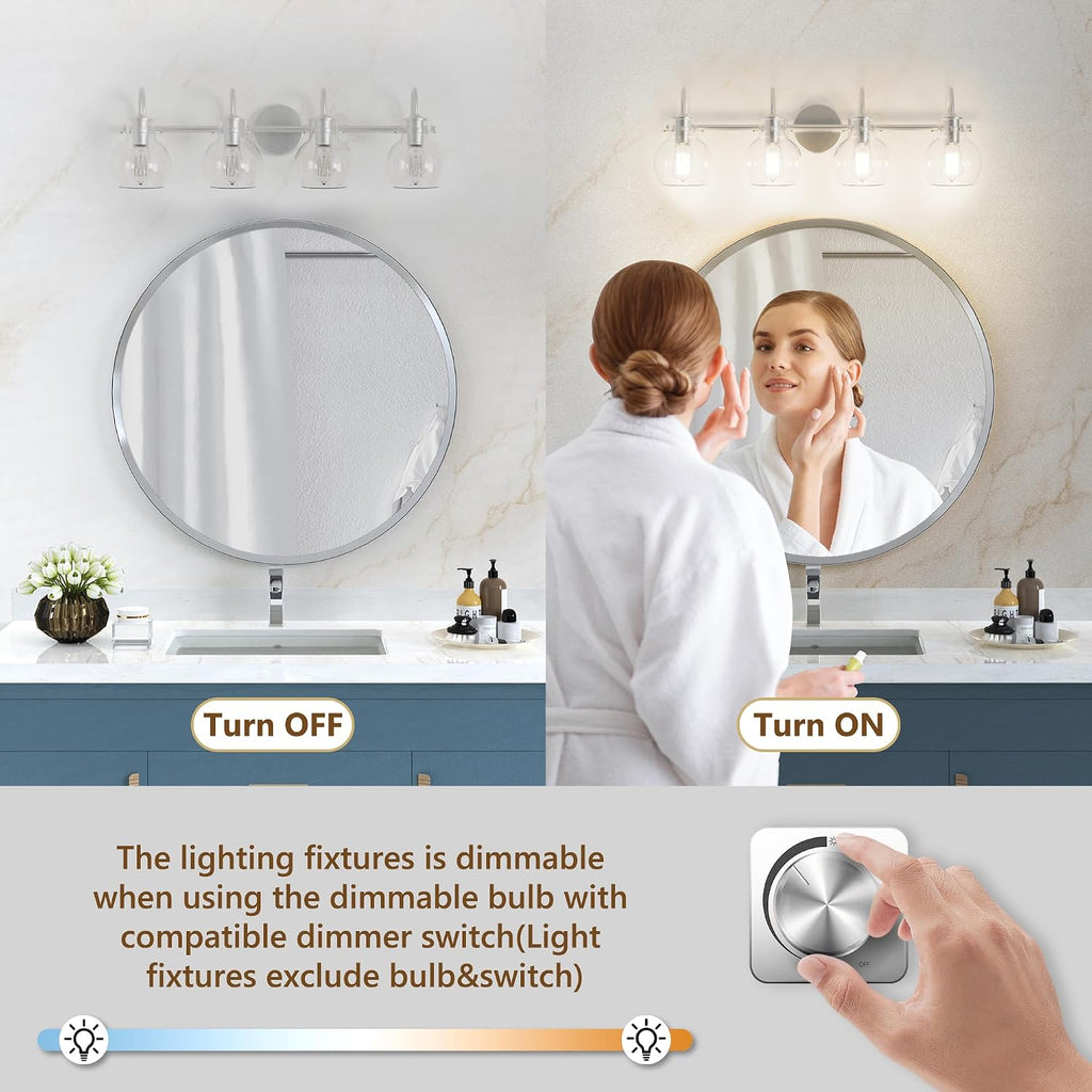 4-Light Bathroom Light Fixtures, Brushed Nickel Vanity Light, Farmhouse Wall Lights with Clear Glass Shade, Bathroom Wall Lamp for Mirror Kitchen Bedroom Hallway Living Room Hallway Cabinet