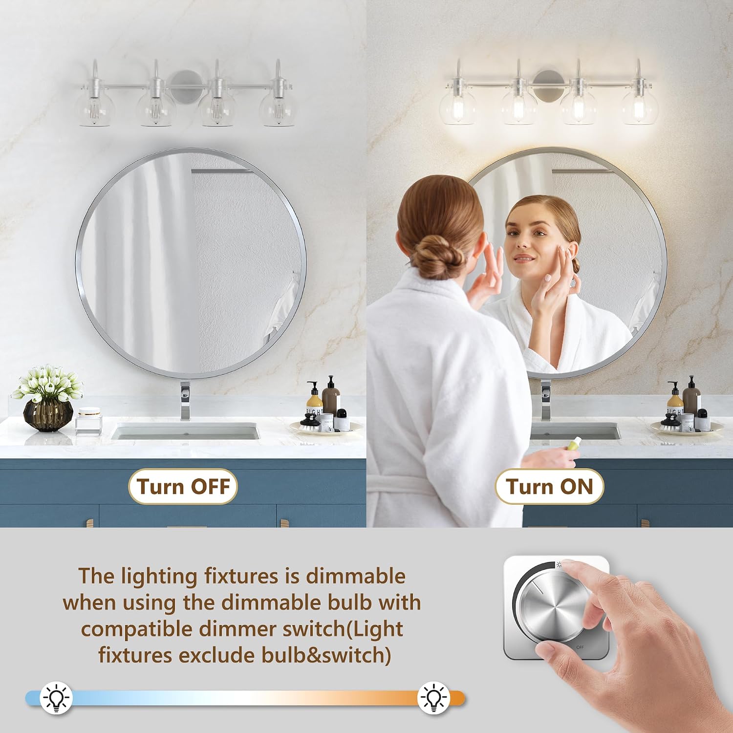 4-Light Bathroom Light Fixtures, Brushed Nickel Vanity Light, Farmhouse Wall Lights with Clear Glass Shade, Bathroom Wall Lamp for Mirror Kitchen Bedroom Hallway Living Room Hallway Cabinet