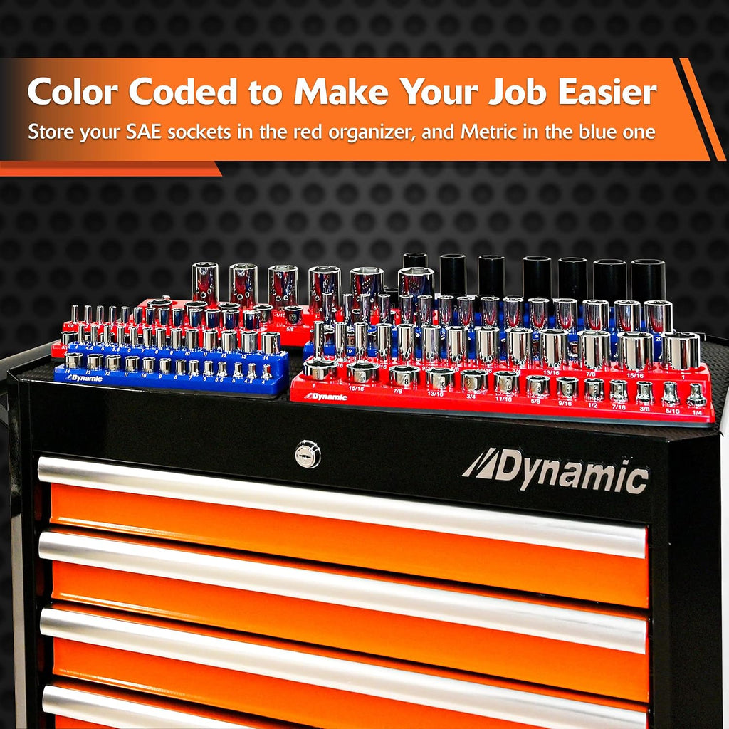 Dynamic 3 Piece Magnetic Socket Organizer Sets, 1/4', 3/8' and 1/2' Drive, SAE and Metric, Quality Tool Box Organizer (3 Pc. Metric Set, Holds 75 Sockets)