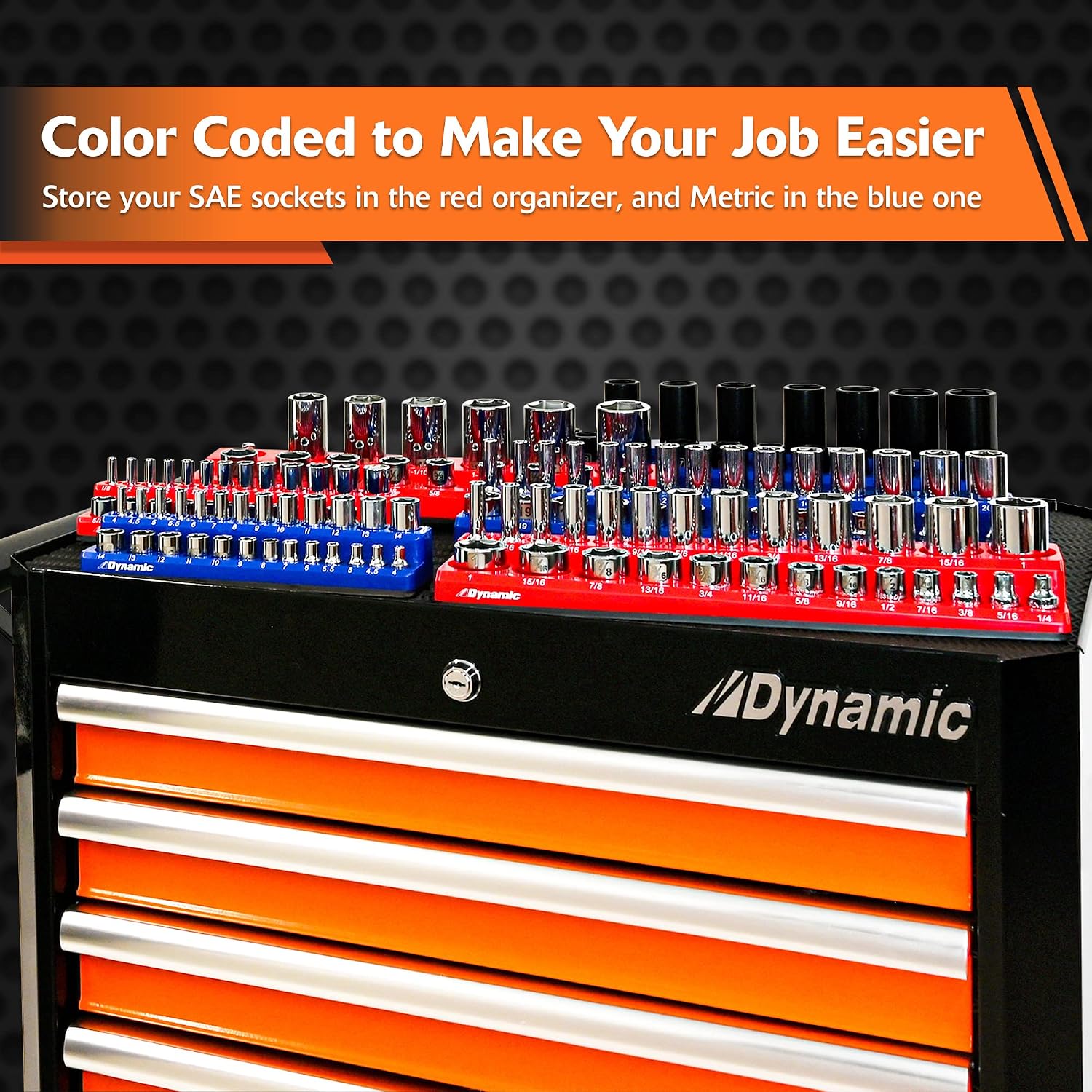 Dynamic 3 Piece Magnetic Socket Organizer Sets, 1/4', 3/8' and 1/2' Drive, SAE and Metric, Quality Tool Box Organizer (3 Pc. Metric Set, Holds 75 Sockets)