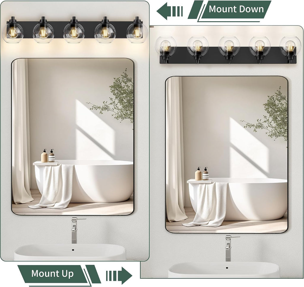 5 Light Bathroom Light Fixtures-Matte Black Bathroom Vanity Lights, Modern Vanity Lights 5-Light Bathroom Lighting Fixtures Over Mirror with Clear Glass Globe Shade