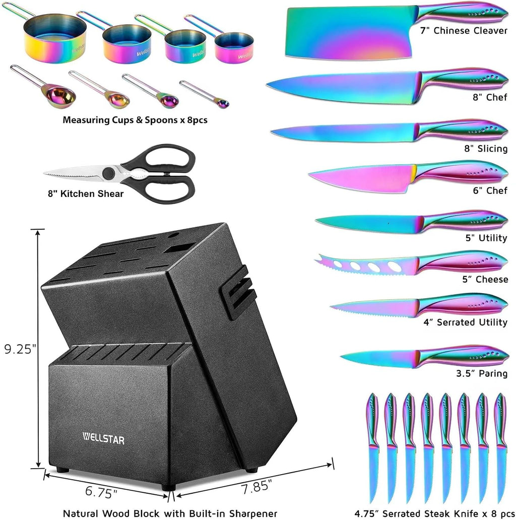 Rainbow Knife Block Set 27-Piece, Iridescent German Stainless Steel Kitchen Knives Set with Wooden Holder, Colorful Titanium Coating, Include Scissors and 2-Stage Built-in Sharpener and 8pcs Gadgets