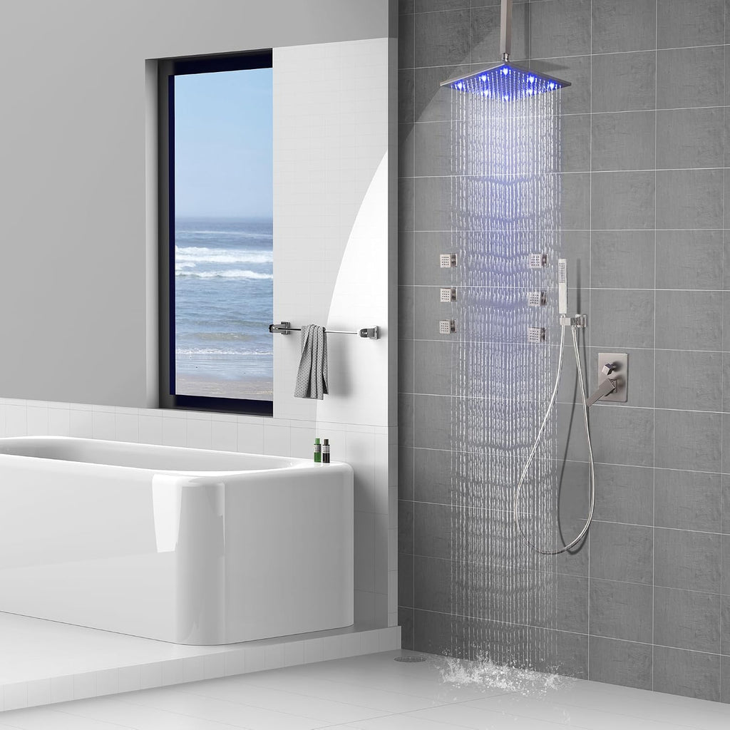 SKOWLL Shower Body Faucet Set Ceiling Mount 12 Inch LED Shower Head, 6 Body Spray Jet, High Pressure Shower System Sets Complete Rough-in Valve and Shower Trim Kit System, Brushed Nickel