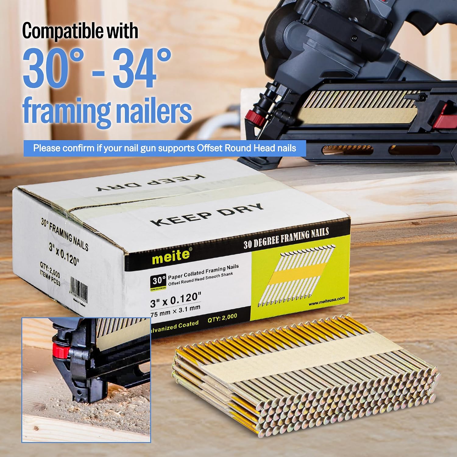 meite SN3483F 30 Degree Framing Nailer with 3 Inch Framing Nails, Galvanized Paper Collated Framing Nails Smooth Shank for Wall Stud Sheathing Decking 2,000PCS