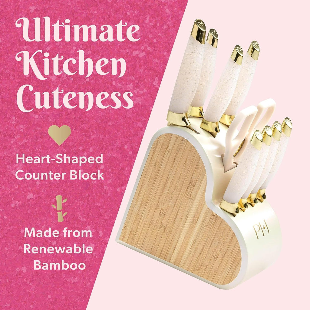 10-Piece Heart Knife Set – Stainless Steel Blades with Acrylic Block for Modern Kitchen Décor (White Iridescent)