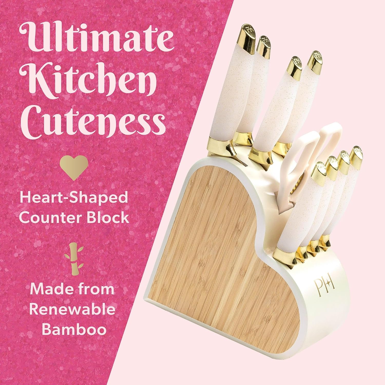 10-Piece Heart Knife Set – Stainless Steel Blades with Acrylic Block for Modern Kitchen Décor (White Iridescent)