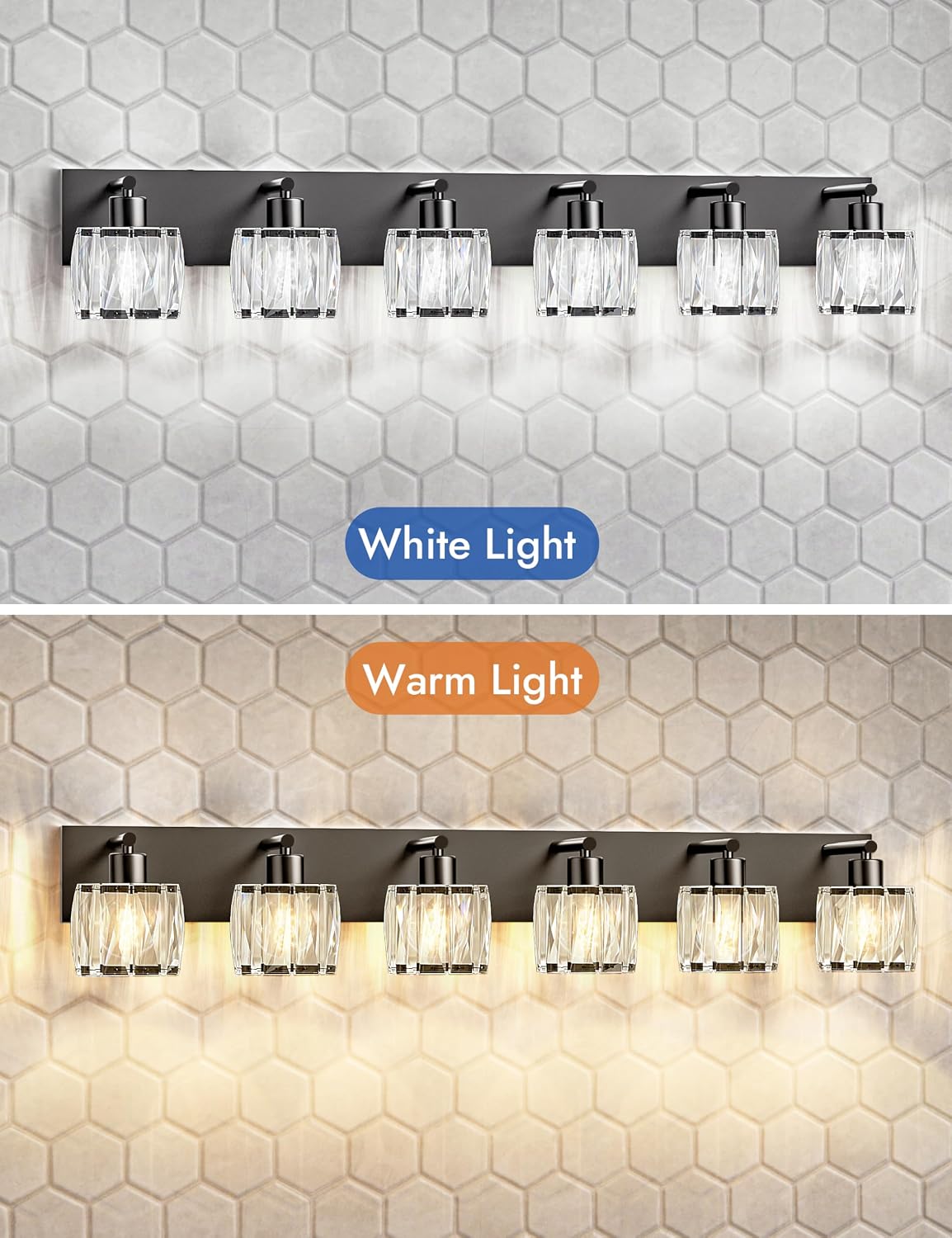 VOLISUN Crystal Vanity Lights for Bathrooms, 6 Light Bathroom Vanity Light, Modern Matte Black Bathroom Light Over Mirror, Black Bathrooms Lights Fixtures-UL Certificated(Exclude Bulb)
