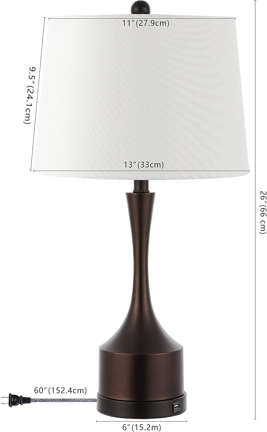 JONATHAN Y 26' Oil Rubbed Bronze Table Lamp Set of 2 with USB Charging Port, French Country Bedside Lamps for Living Room Bedroom Decor, White Linen Shade, LED Bulbs Included (JYL4045C-SET2)