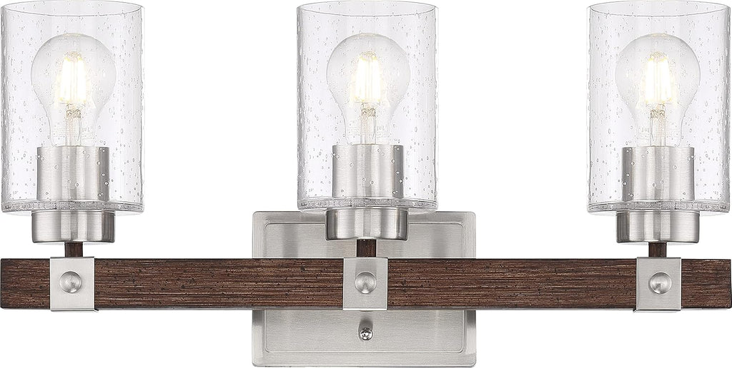 Nuvo 60/6963 Arabel Vanity Brushed Nickel and Nutmeg Wood Finish with Clear Seeded Glass, 3 Light