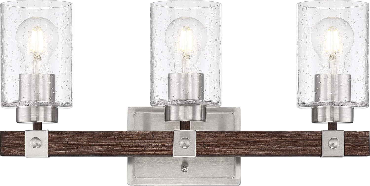 Nuvo 60/6963 Arabel Vanity Brushed Nickel and Nutmeg Wood Finish with Clear Seeded Glass, 3 Light