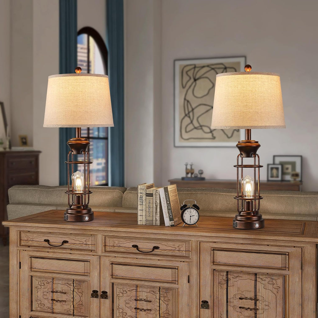 Table Lamps for Living Room Set of 2, 28.5' Farmhouse Lamps for Nightstand with USB C+A Ports, Touch Lamps for Bedroom, LED Bulbs Included