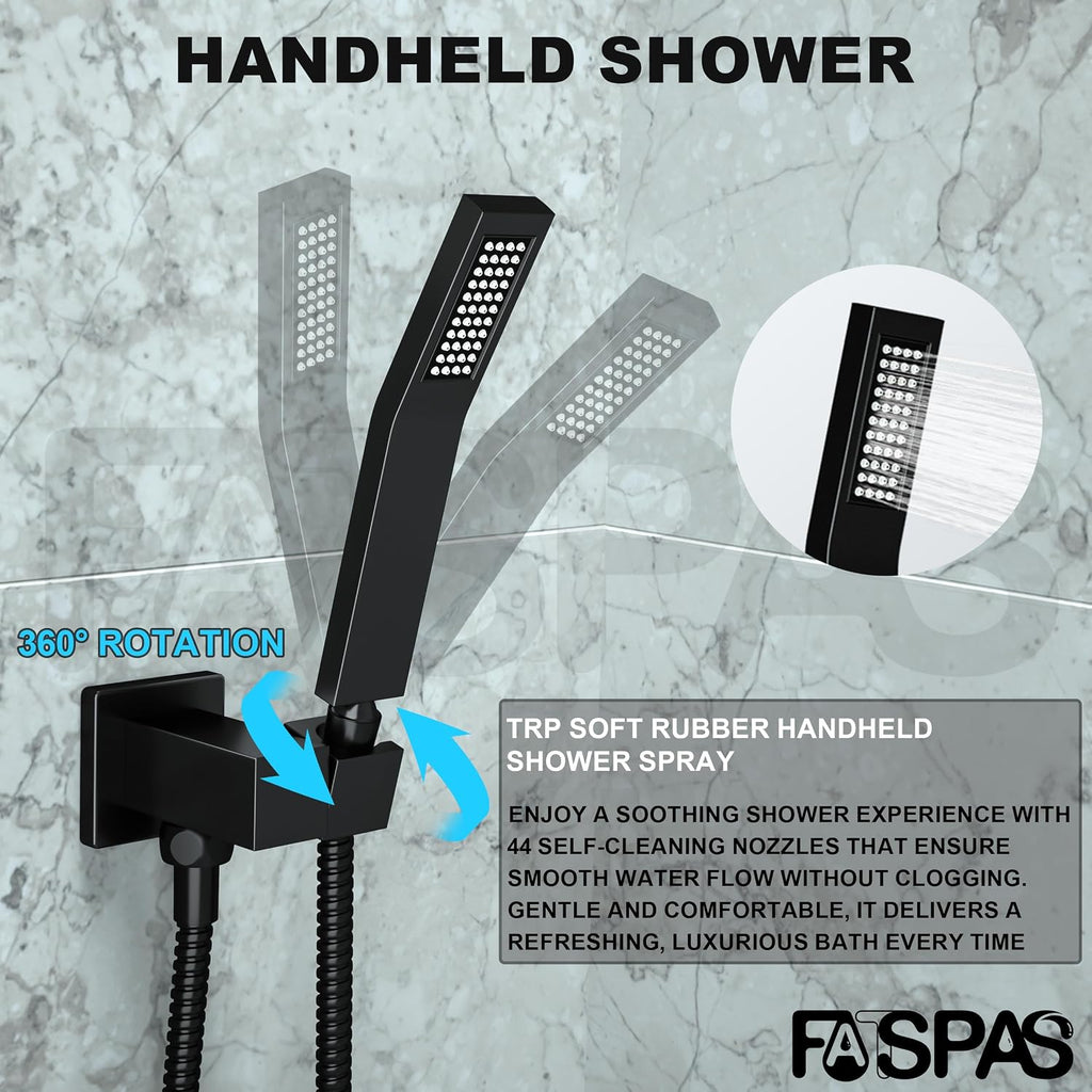 Matte Black Shower System with 12-Inch Rain Showerhead and Tub Spout | cUPC-certified pressure balance brass valve to prevent scalding, CEC-certified air injection technology for low pressure