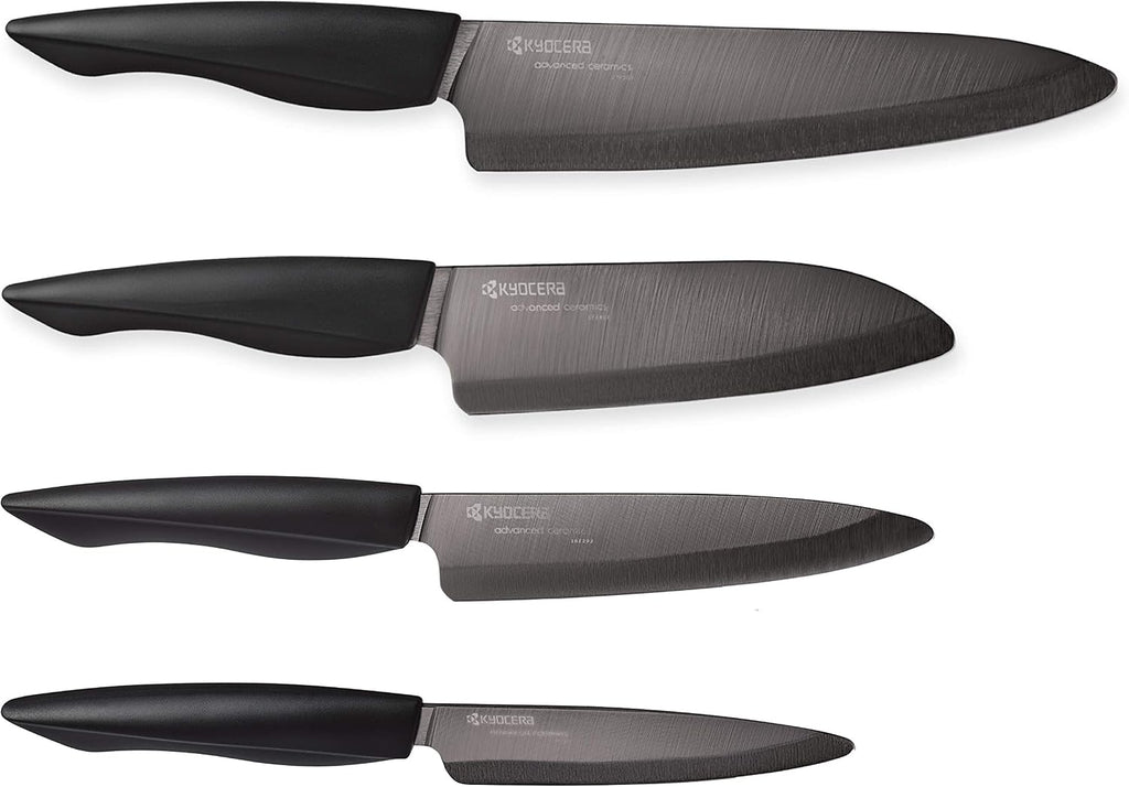 Kyocera 5 piece Ceramic Knife Block Set, Black Patented Blade Sizes: 7', 5.5', 5', 4.5', Stainless