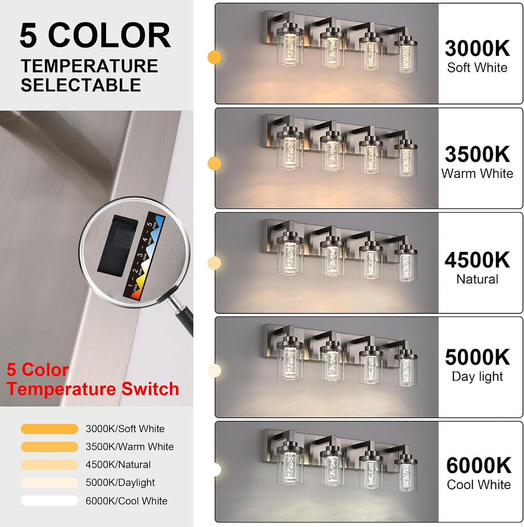 MELUCEE 4-Light Bathroom Lighting Fixtures Brushed Nickel, Dimmable LED Vanity Light for Bathroom 5CCT Bubble Crystal Bath Wall Lights with Clear Glass Shade, Built-in Led Chips