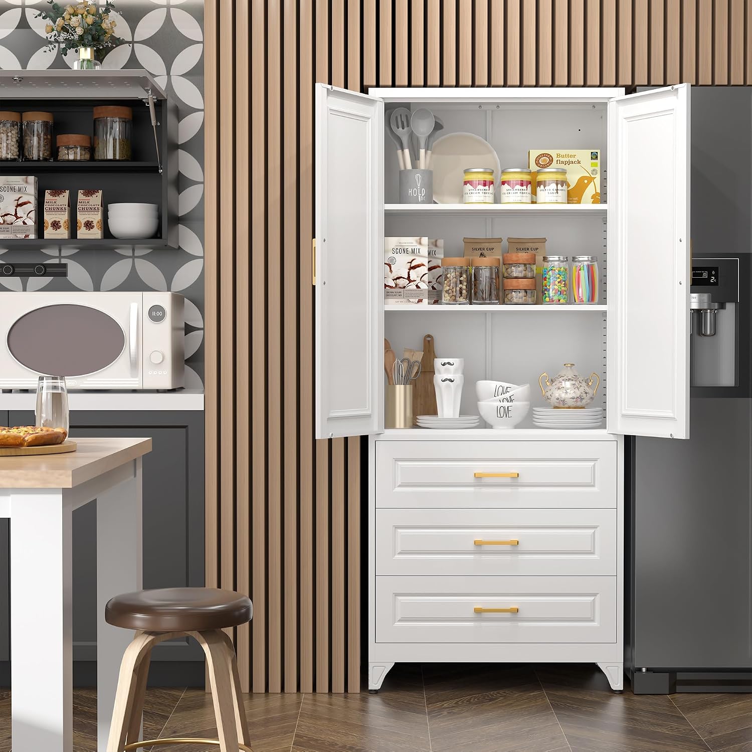 SteeLoong 75' Kitchen Pantry Cabinet with 3 Drawer,Metal Storage Cabinets with Doors and 4 Adjustable Shelves,White Kitchen Cabinet with 2 Gold Handles,Food Cupboard for Livingroom,Pantry, Bathroom