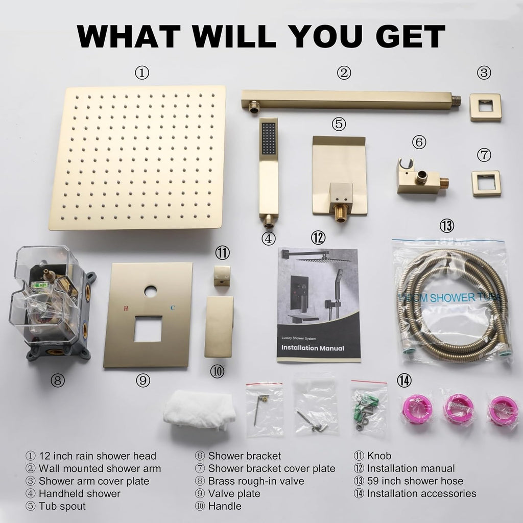 Brushed Gold Shower System with 12-Inch Rain Showerhead and Tub Spout | cUPC-certified pressure balance brass valve to prevent scalding, CEC-certified air injection technology for low pressure