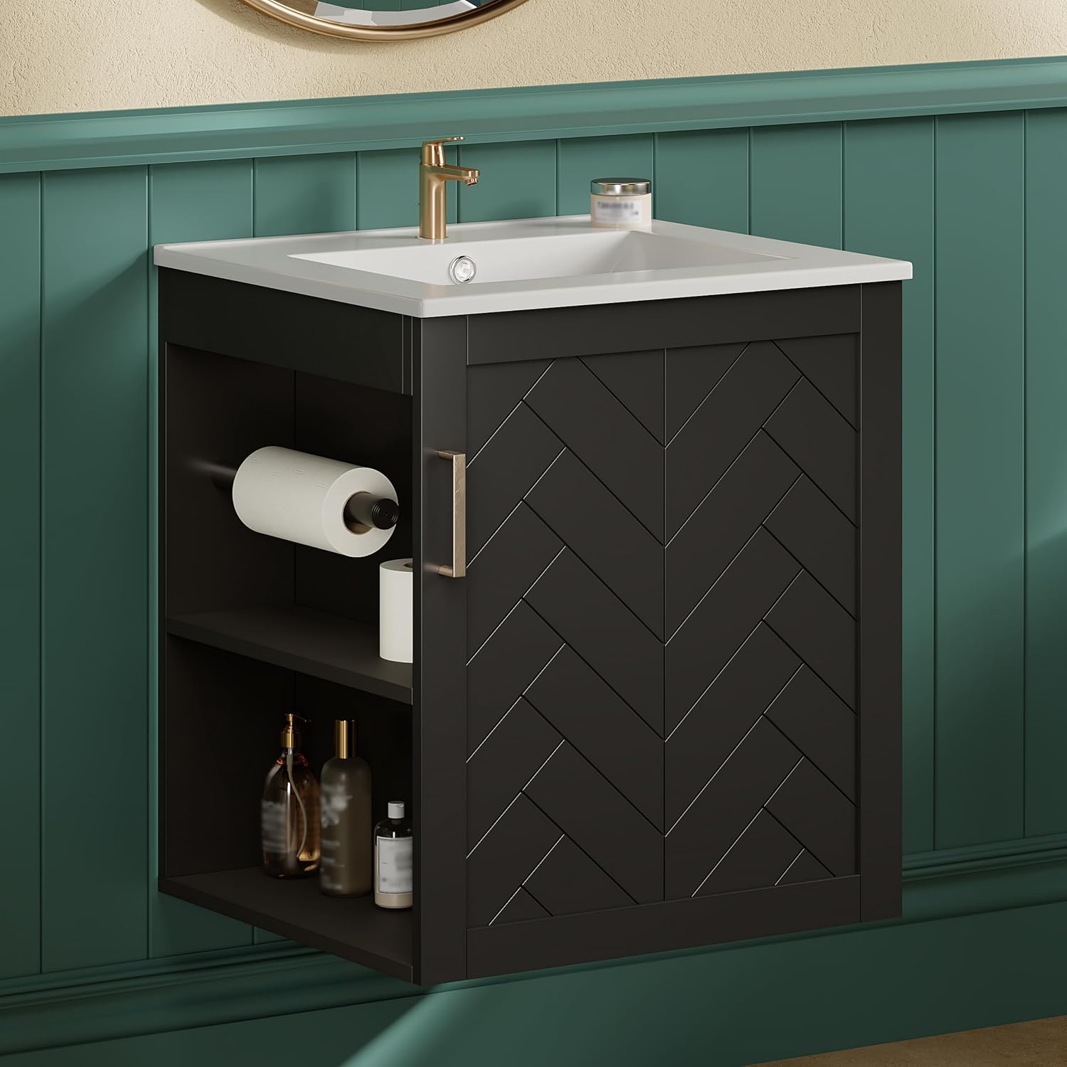 20 Inch Wall Mounted Bathroom Vanity with Sink Top,Small Floating Bathroom Vanity with Side Shelves & Toilet Paper Holder,Compact Storage with Soft Closing Door,Herringbone Front,Black