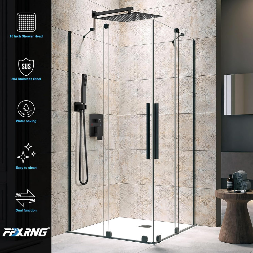 FPXRNG Shower Faucet Set Rainfall Shower System with Square Shower Head and Handle Set Rough-in Valve and Metal Trim Kit Included Matte Black 16 Inch Wall Mounted Shower Fixtures