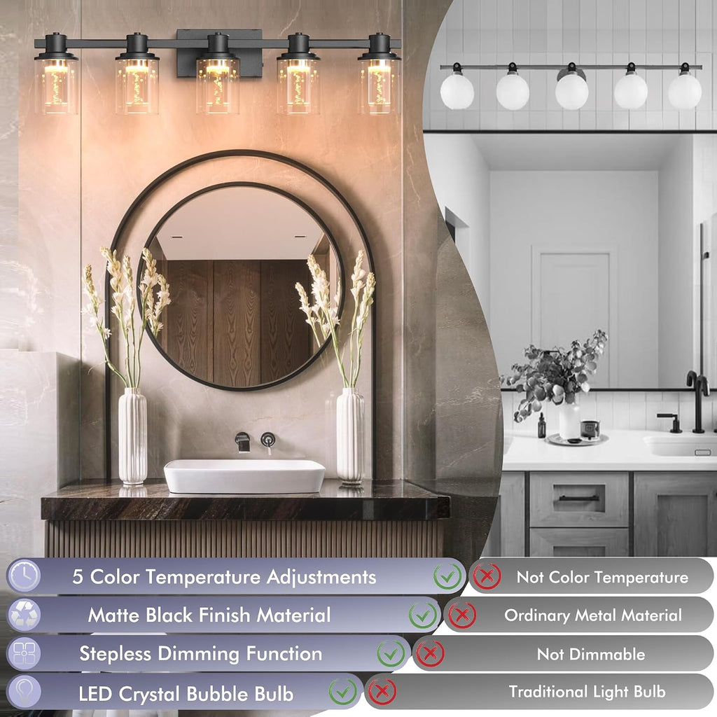 Quntis 5-Light Black Bathroom Light Fixtures with 5 Color Modes, 33 Inch Dimmable Modern Vanity Lighting Fixture Over Mirror, 35 Watts Eye Protection LED Wall Lamp (UL Certified, Bulbs Included)