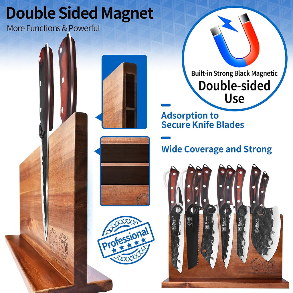 XYJ Knife Block Set, Professional Kitchen Knife Set with Magnetic Knife Block, Cutting Board, Honing Steel, High-Carbon Steel forged Blades, Chef's Knife, Cleaver, Carving Knife, Full Tang Design