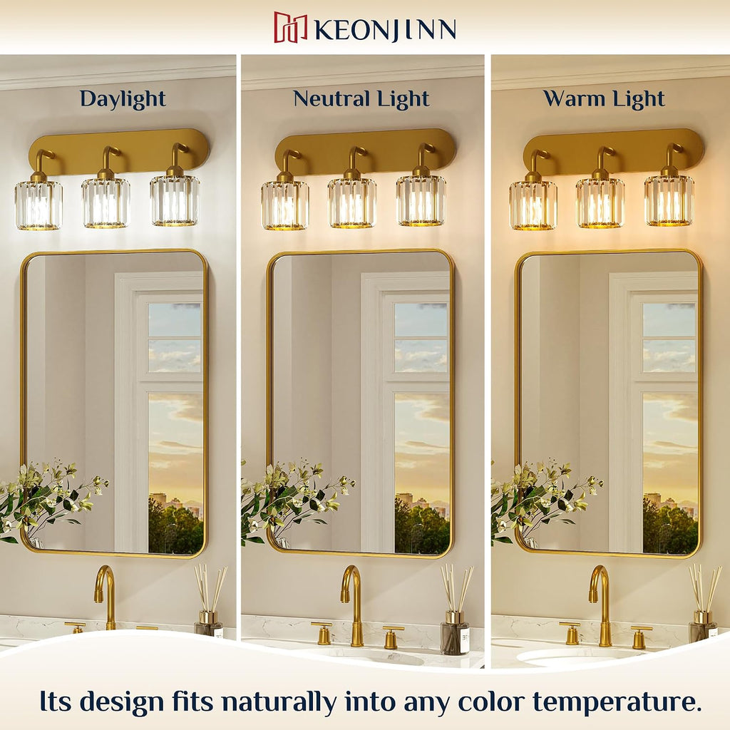 Keonjinn 4-Light Bathroom Light Fixtures, Crystal Gold Bathroom Vanity Lights Over Mirror, Vanity Lighting Fixtures with Crystal Square Shades (E26 Socket, Exclude Bulb)
