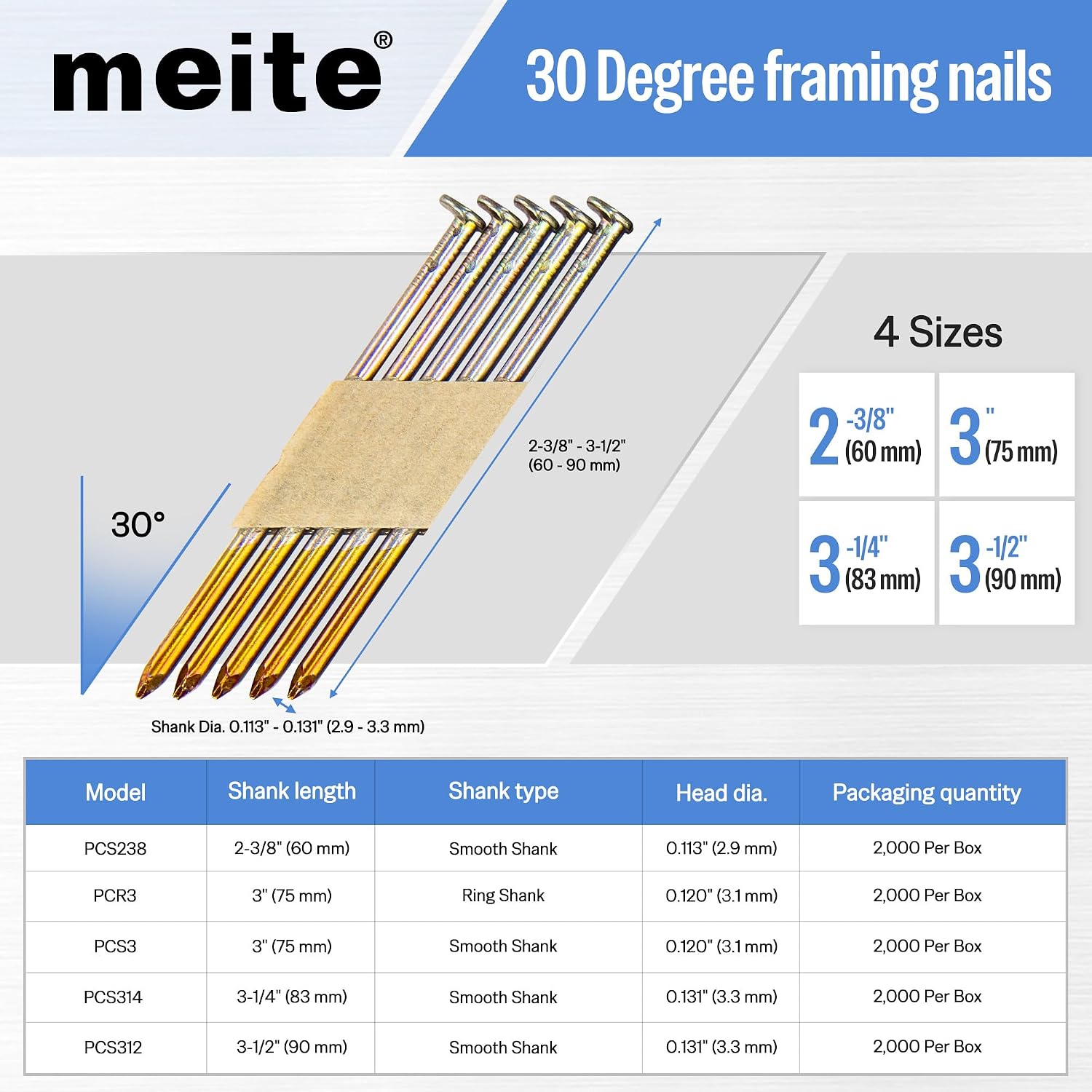 meite SN3483F 30 Degree Framing Nailer with 3 Inch Framing Nails, Galvanized Paper Collated Framing Nails Smooth Shank for Wall Stud Sheathing Decking 2,000PCS
