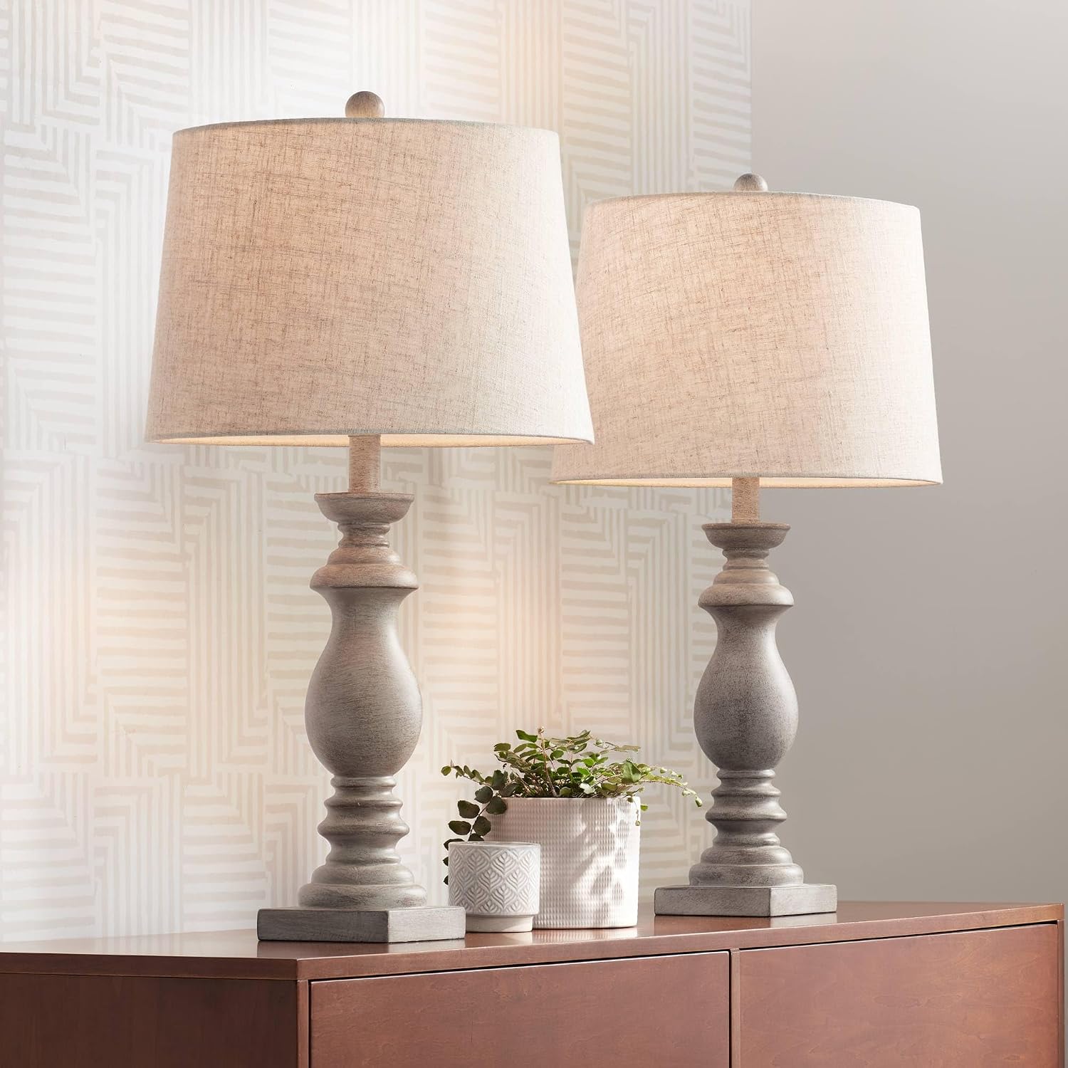 Regency Hill Patsy 26 1/2' Tall Candlestick Traditional Natural Cottage Core Table Lamps Set of 2 with Smart Sockets White-Washed Wood Finish Living Room Bedroom Bedside Nightstand House Office