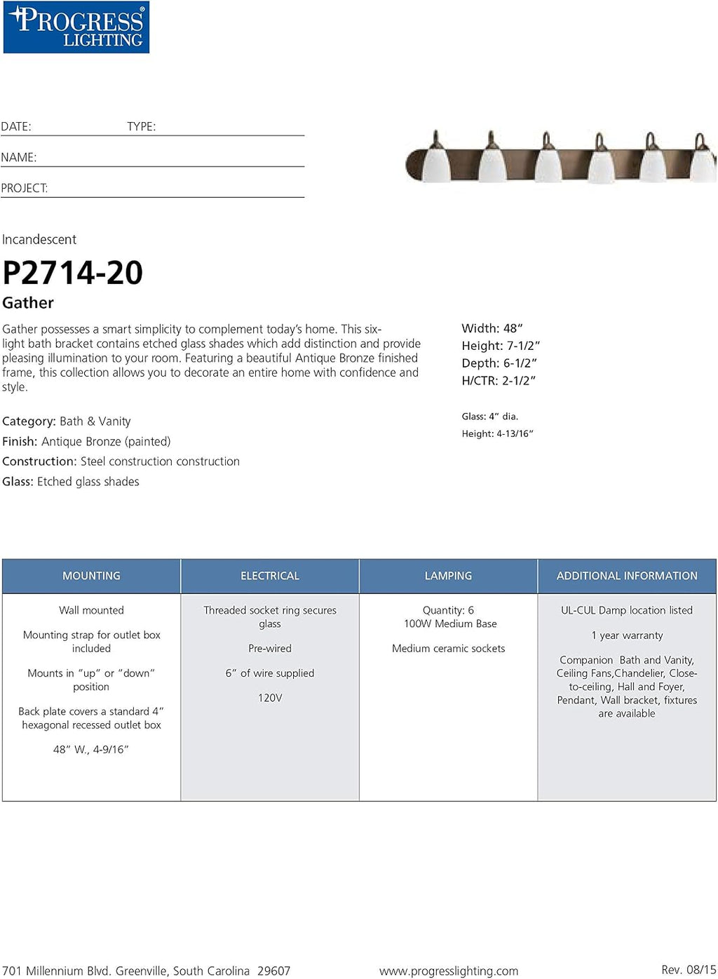 Progress Lighting P2714-20 Gather Collection 6-Light Vanity Fixture, Antique Bronze