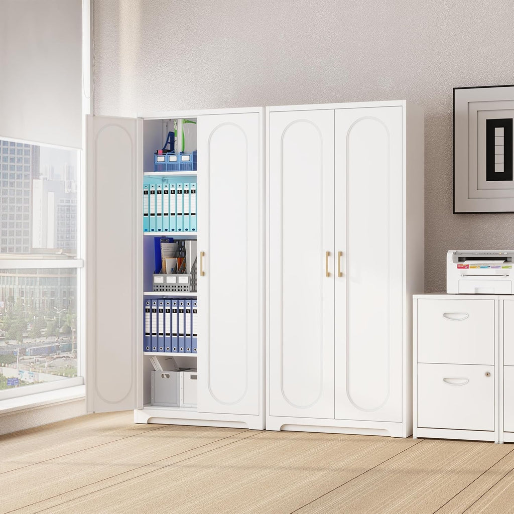 SteeLoong Kitchen Pantry Cabinet,71'Metal White Storage Cabinet with Doors and Shelves,Tall Cabinet with 2 Gold Hands for Dinning Room,Living Room