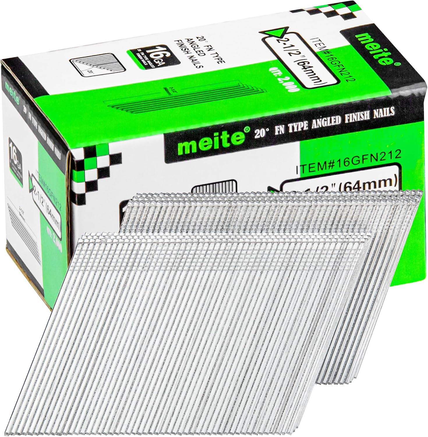 meite 16 Gauge 20 Degree Angled Finish Nails 2-1/2 Inch Leg Galvanized No-rust Finishing Nails for Finish Nailer Gun - Cabinet Crown Baseboard 10,000PCS