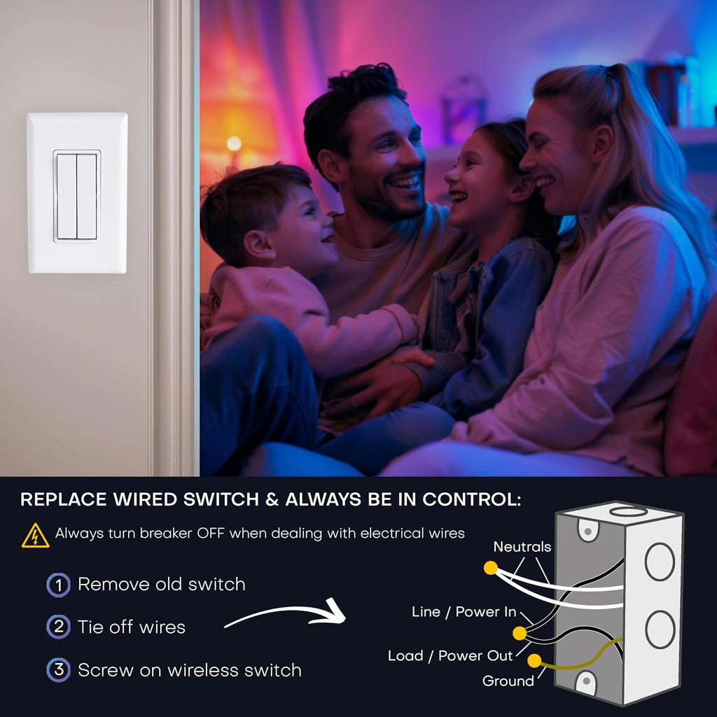 RunLessWire Click for Philips Hue – Battery-Free Wireless Smart Light Switch, 30ft Range – Works Natively with Philips Hue Bridge – Wall Mount Kinetic Switch - Decora Style, White 3 Pack