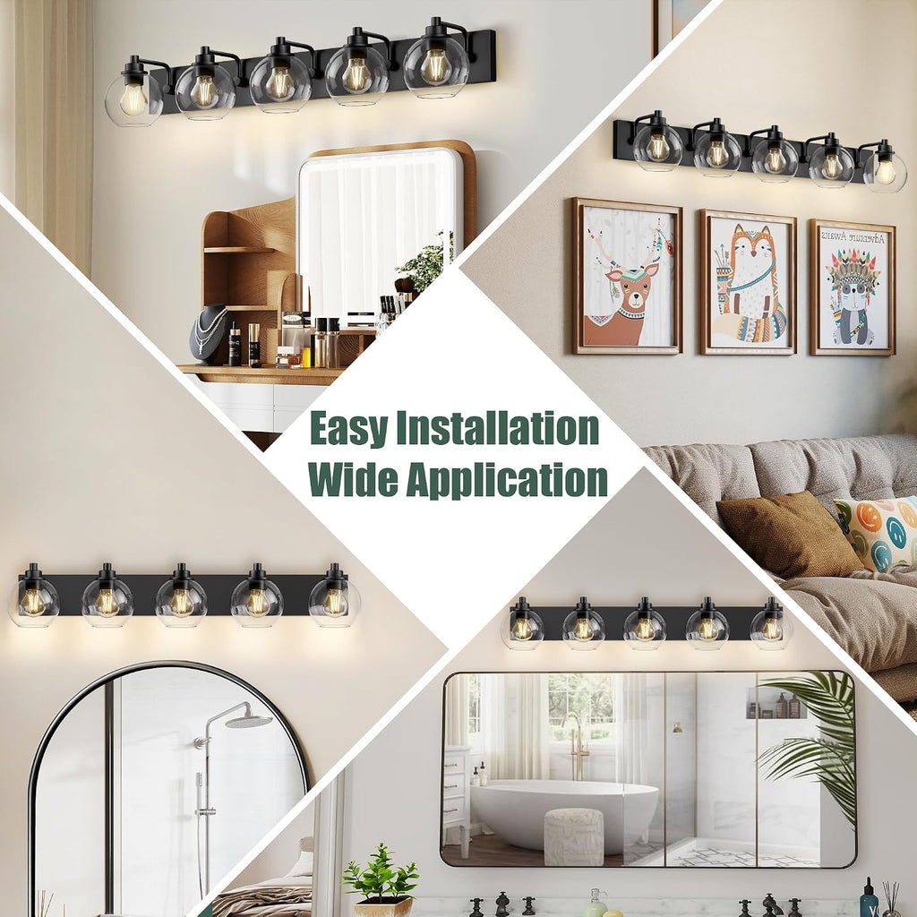 5 Light Bathroom Light Fixtures-Matte Black Bathroom Vanity Lights, Modern Vanity Lights 5-Light Bathroom Lighting Fixtures Over Mirror with Clear Glass Globe Shade