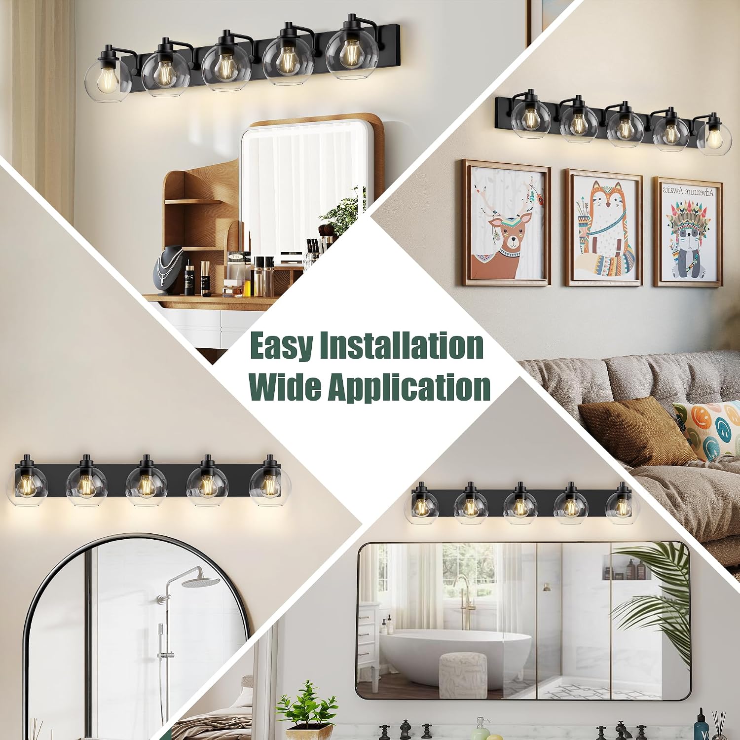5 Light Bathroom Light Fixtures-Matte Black Bathroom Vanity Lights, Modern Vanity Lights 5-Light Bathroom Lighting Fixtures Over Mirror with Clear Glass Globe Shade