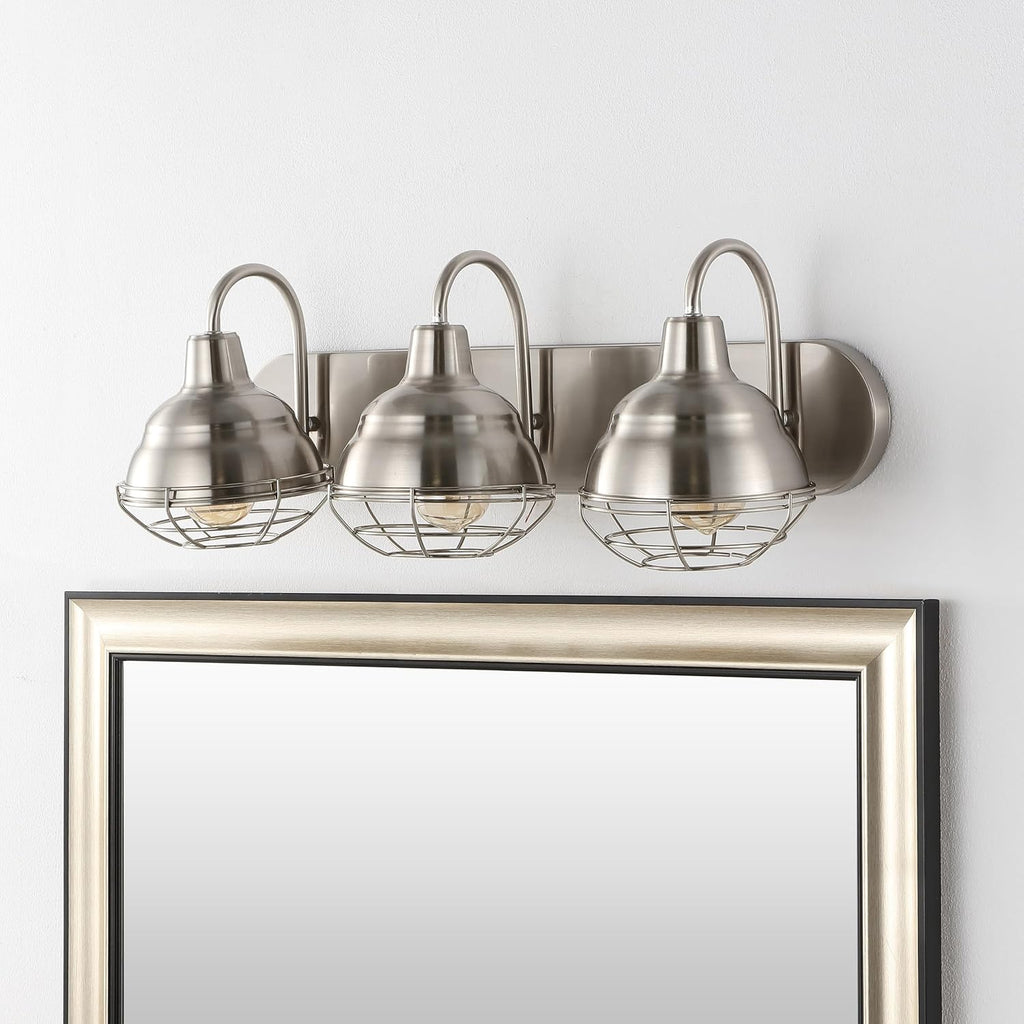 JONATHAN Y 24.5' Nickel 3-Light Industrial Farmhouse Vanity Light for Bathroom Mirror, Rustic Metal Wall Sconce Fixture, Iron Caged Shade, LED Bulbs Included (JYL1120B)