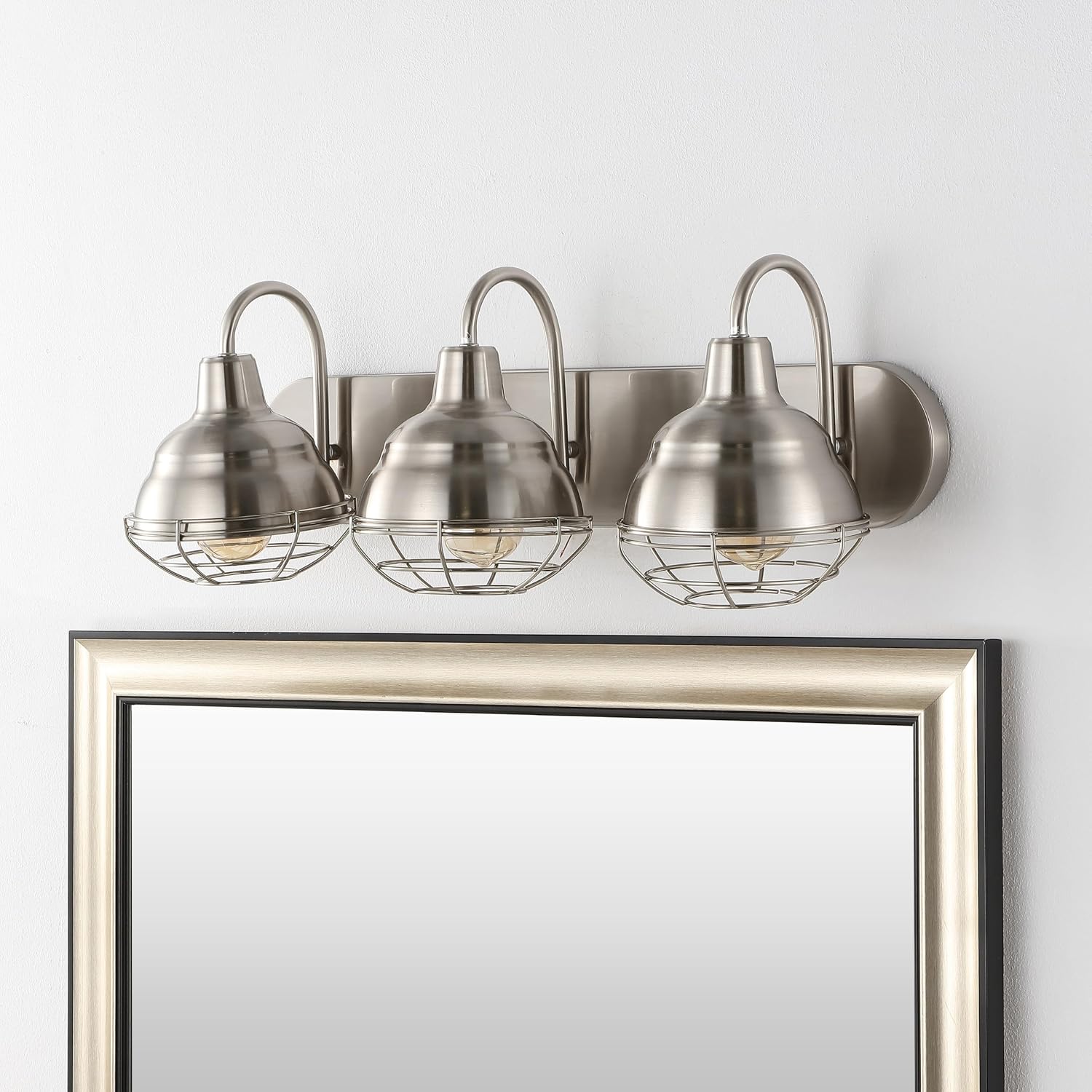 JONATHAN Y 24.5' Nickel 3-Light Industrial Farmhouse Vanity Light for Bathroom Mirror, Rustic Metal Wall Sconce Fixture, Iron Caged Shade, LED Bulbs Included (JYL1120B)