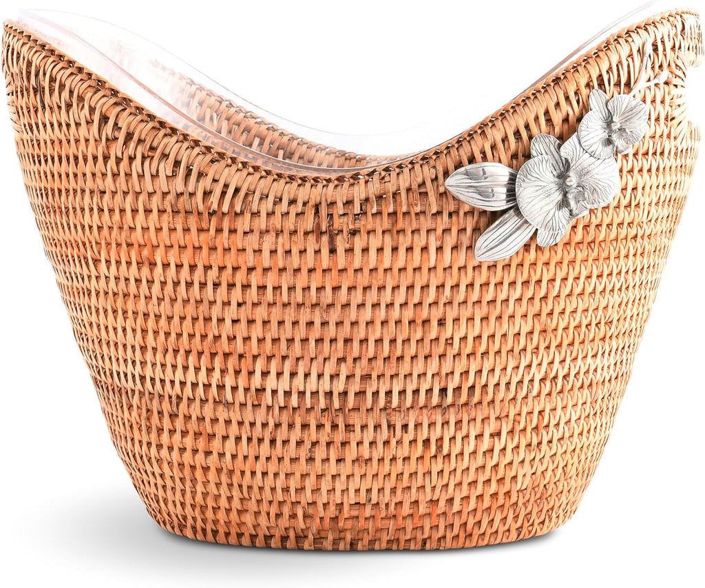 Vagabond House Rattan Wicker Champagne Bucket - Luxury Boho Outdoor Cooler, Ice Holder for Party with Orchid Pewter Accent - Holds Packs of Beer, Wine, Soda Removable Acrylic Lining, Cutout Handles