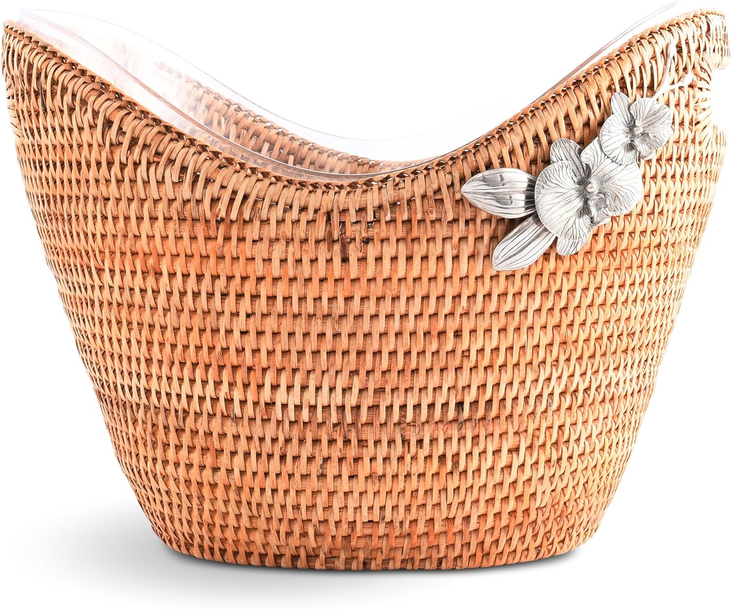 Vagabond House Rattan Wicker Champagne Bucket - Luxury Boho Outdoor Cooler, Ice Holder for Party with Orchid Pewter Accent - Holds Packs of Beer, Wine, Soda Removable Acrylic Lining, Cutout Handles
