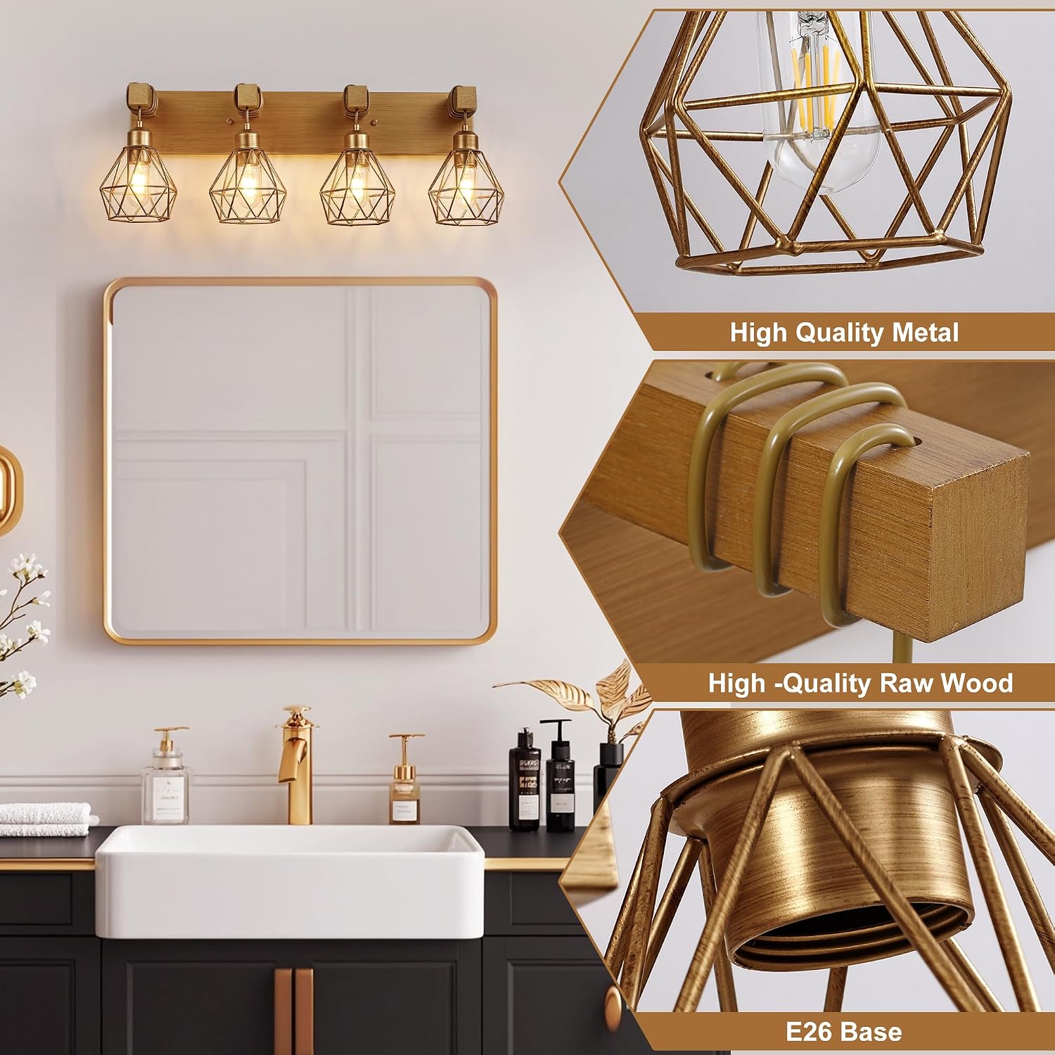 maesta Bathroom Gold Vanity Light Fixtures, 4-Light Gold Bathroom Light Fixtures Over Mirror, Sconces Wall Lighting with Elegant Metal Lampshade for Living Room, Bedroom, Hallway