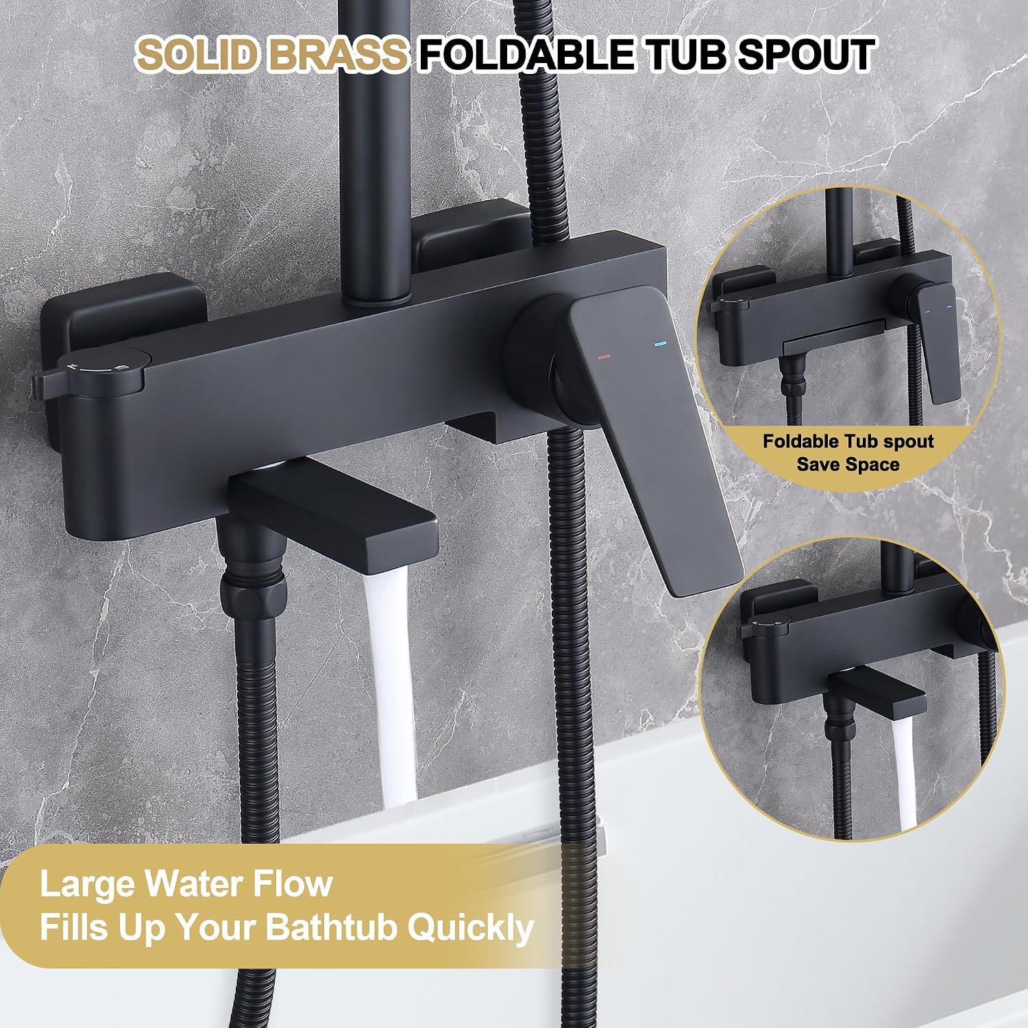 Shower Systems with 12 x8 Inches Rain Shower Head, Matte Black Exposed Pipe Shower System,3 Functions Tub Shower Faucet Sets,Overhead Shower System with Handheld