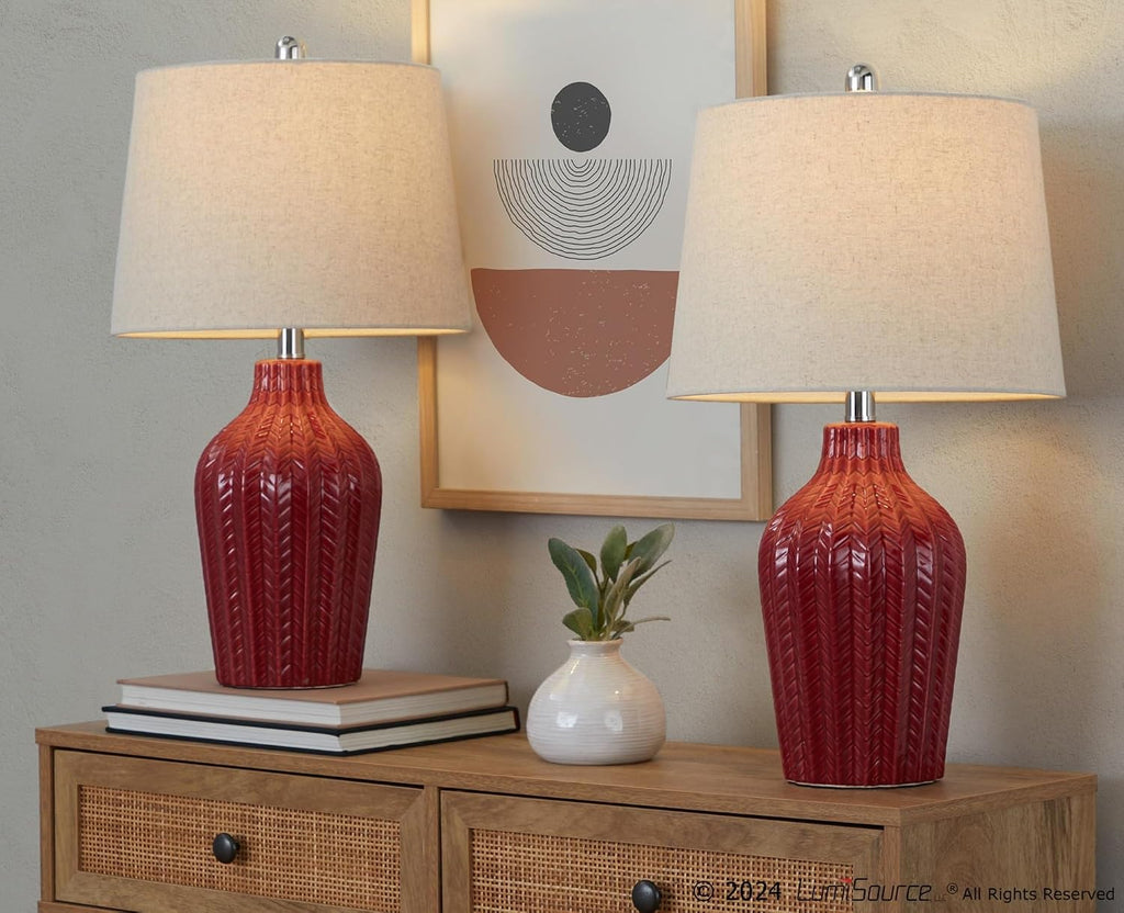 Rockwell 23' Ceramic Table Lamps Set of 2, Desk Lamp, Bedside Lamps for Night Stands, Nightstand Lamp, Small Lamp, Small Table Lamps for Living Room Set of 2, White Table Lamp (Glossy Brick Red)