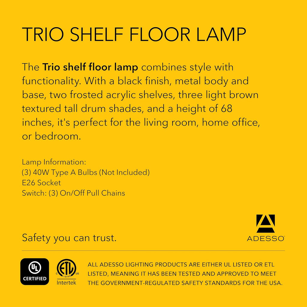 Adesso Trio Floor Lamp with Three Pull Chain Lights and Two-Tier Storage, Black Base, Brown Textured Fabric Shades, 68' Tall, Enhances Room Decor and Lighting