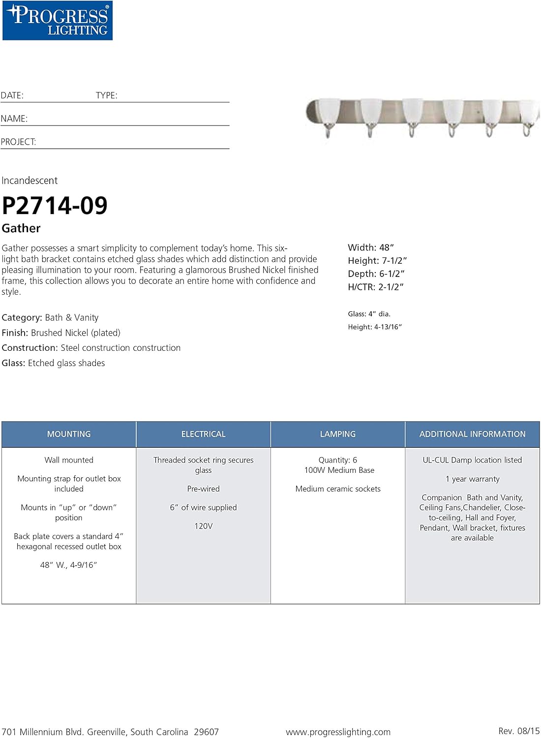 Gather Collection 6-Light Etched Glass Traditional Bath Vanity Light Brushed Nickel